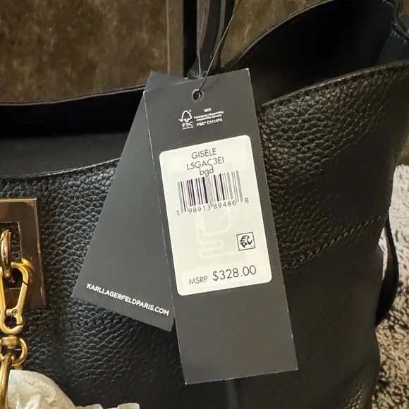 Karl Lagerfeld Black Leather Tote with Gold-Tone Accent With Added Charm & Dusty - Picture 2 of 16